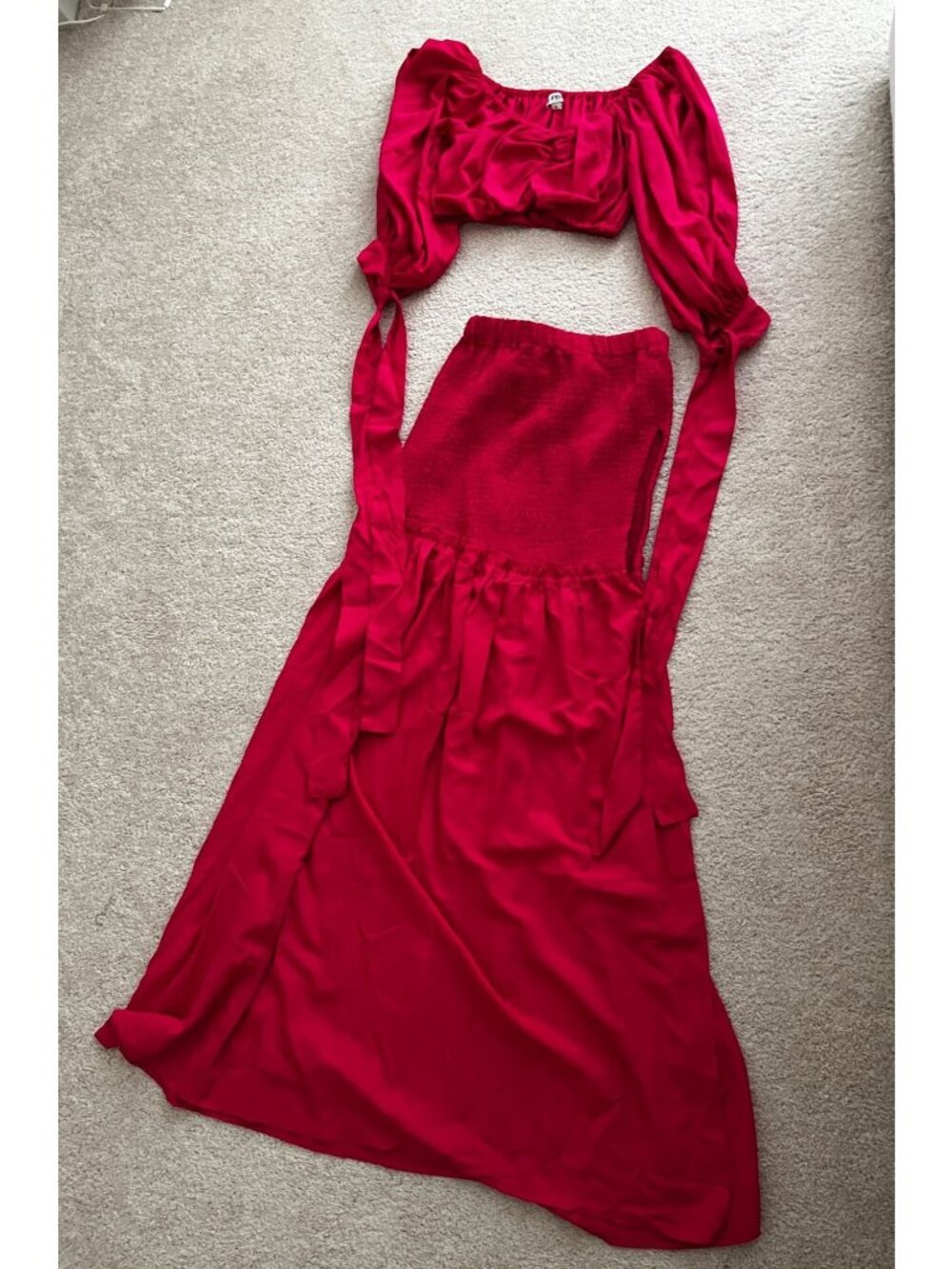 BFYNE Two Piece SET Smocked Midi Dress & Top Fuschia French‎ Crepe Medium Large